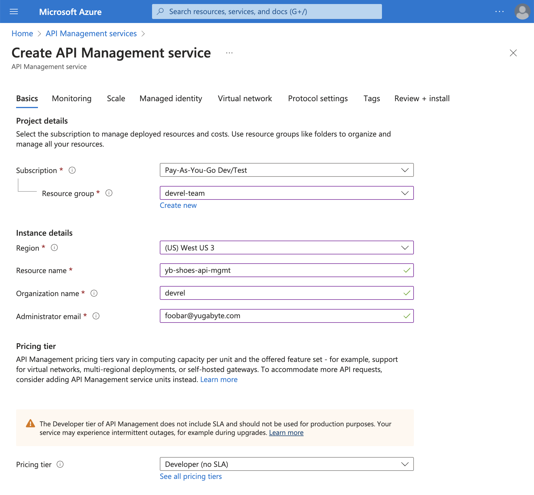 API Management instance in westus3 region