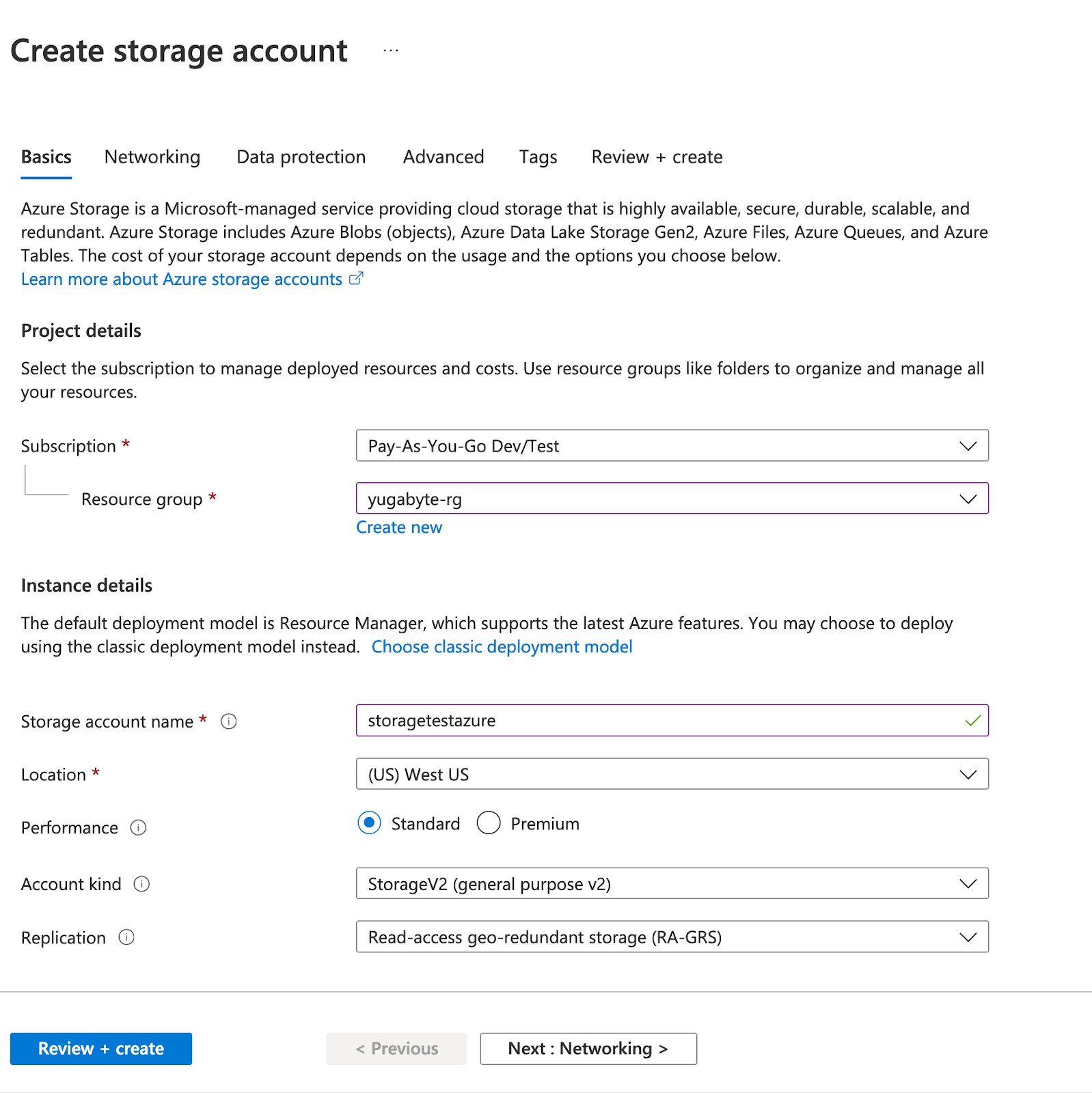 Azure storage account creation