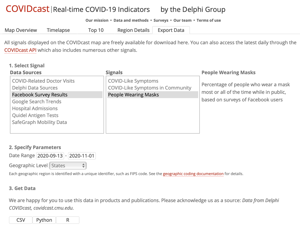 Download the COVIDcast Facebook Survey Data