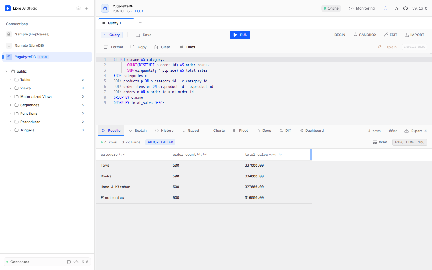 LibreDB Studio query editor connected to YugabyteDB