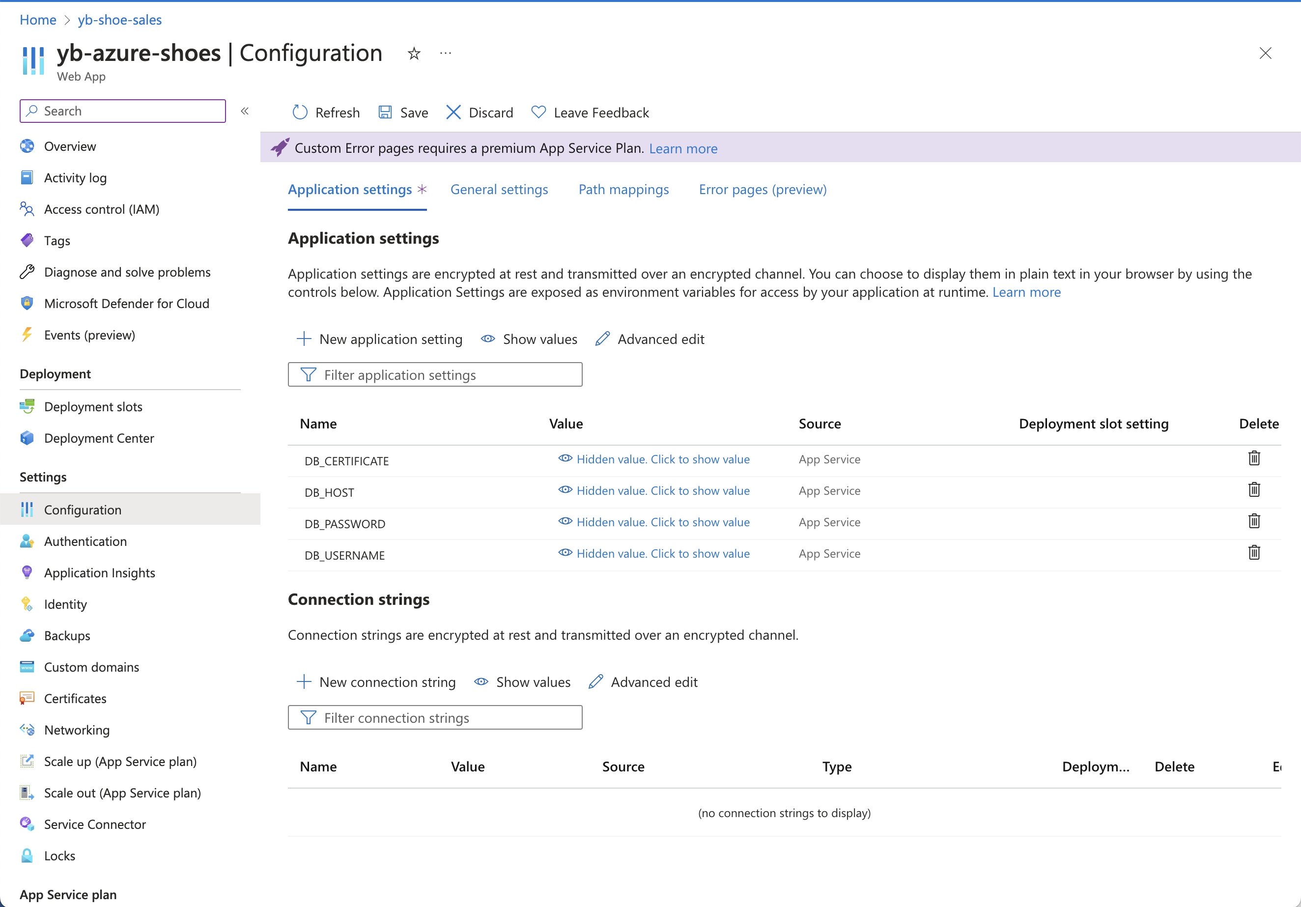 App configuration settings in Azure portal
