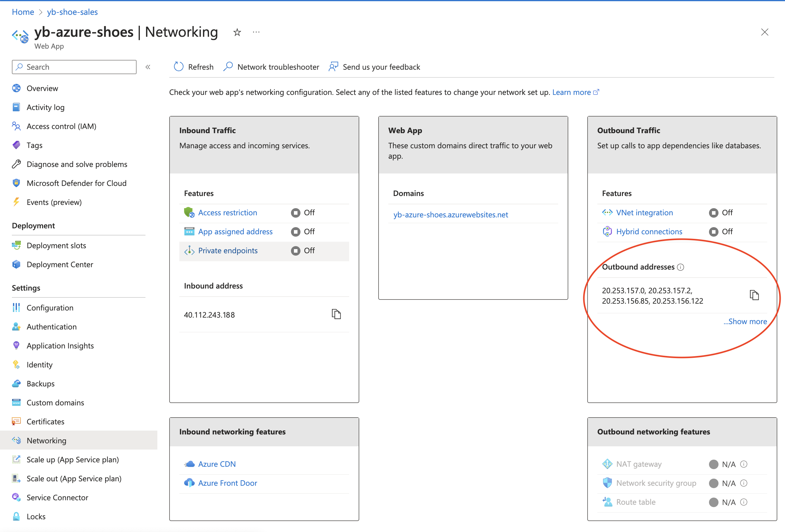 Locate the outbound IP addresses for your web app in Azure