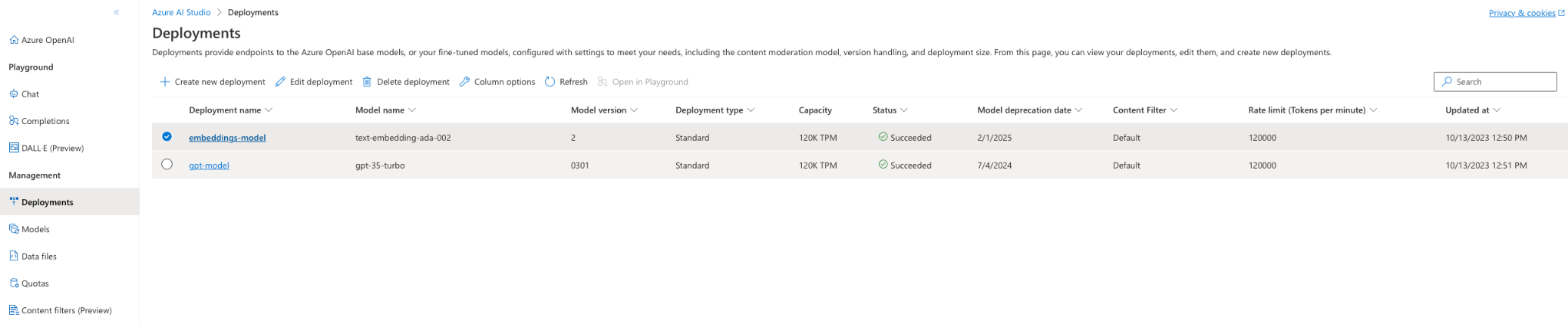 Model deployments list on the Azure OpenAI Service