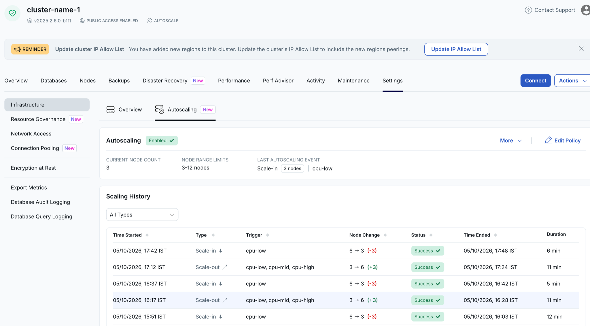Autoscaling status and scaling history