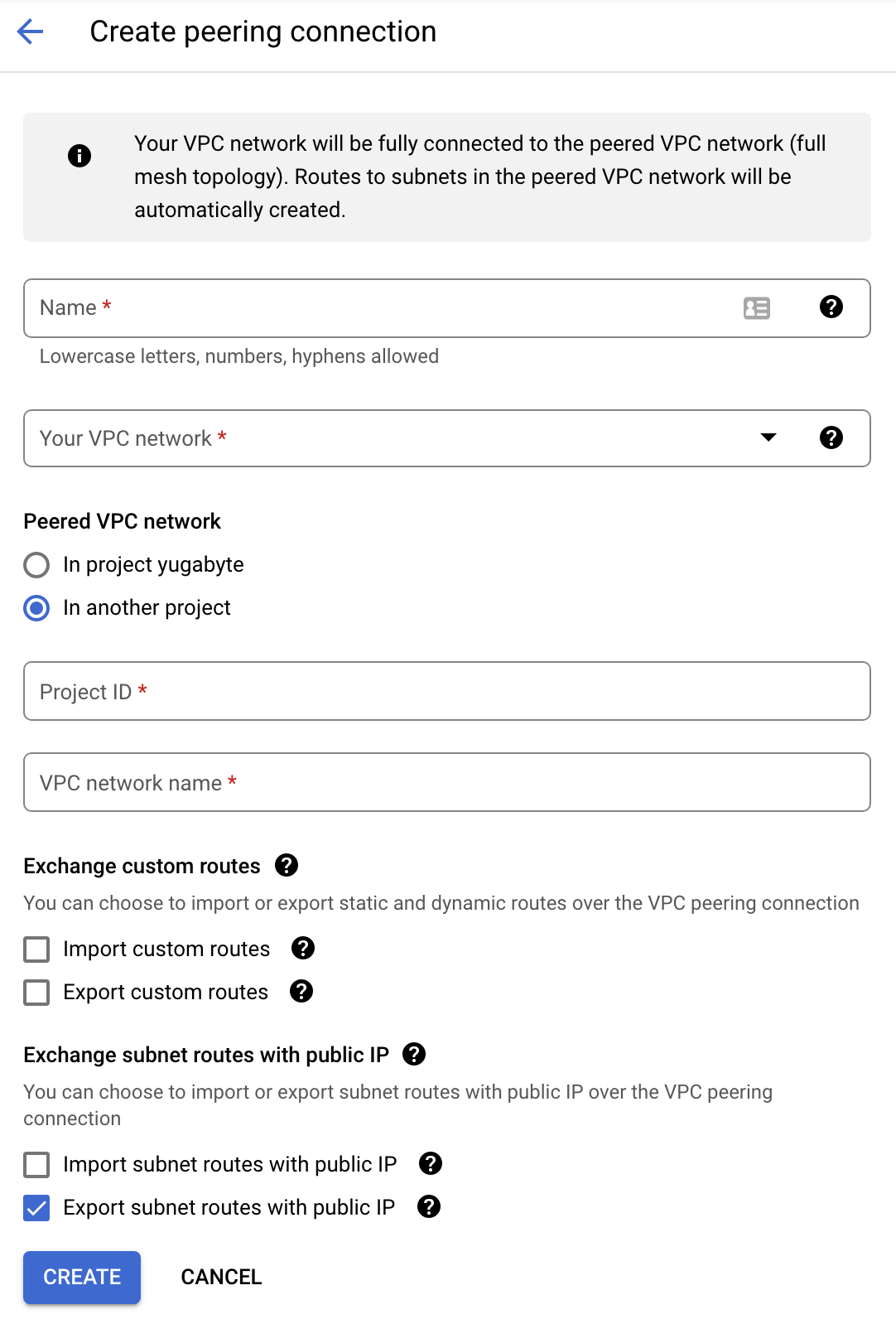 Create peering connection in GCP