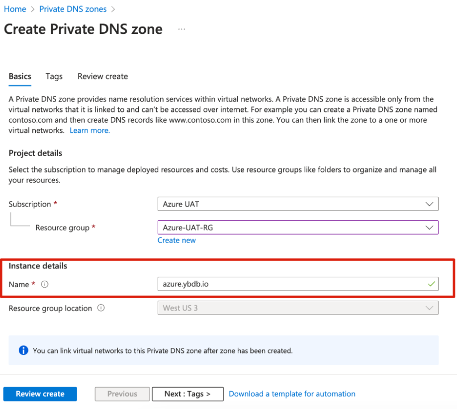 Azure Create private DNS zone