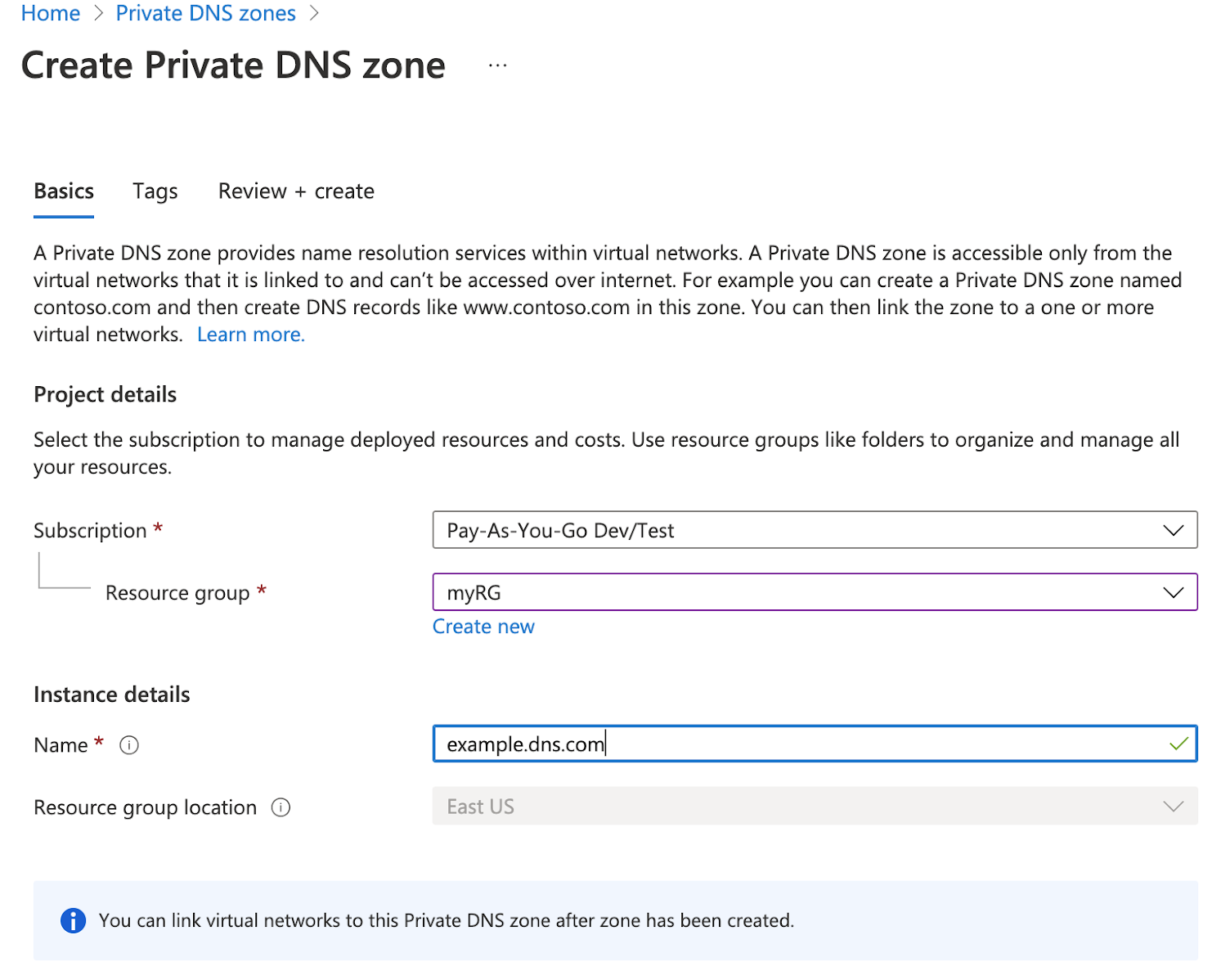 Private DNS: basics tab