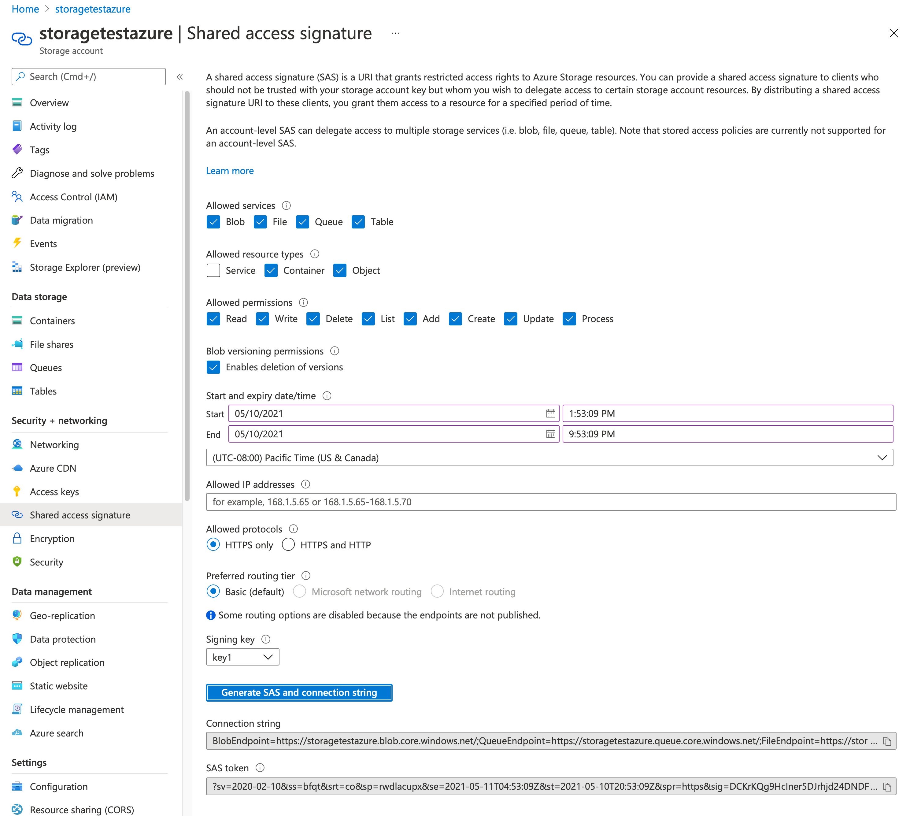 Azure Shared Access Signature page