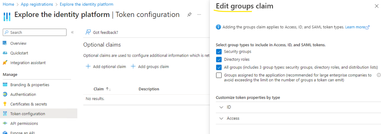 Configuring the groups claims in Azure AD Application registrations
